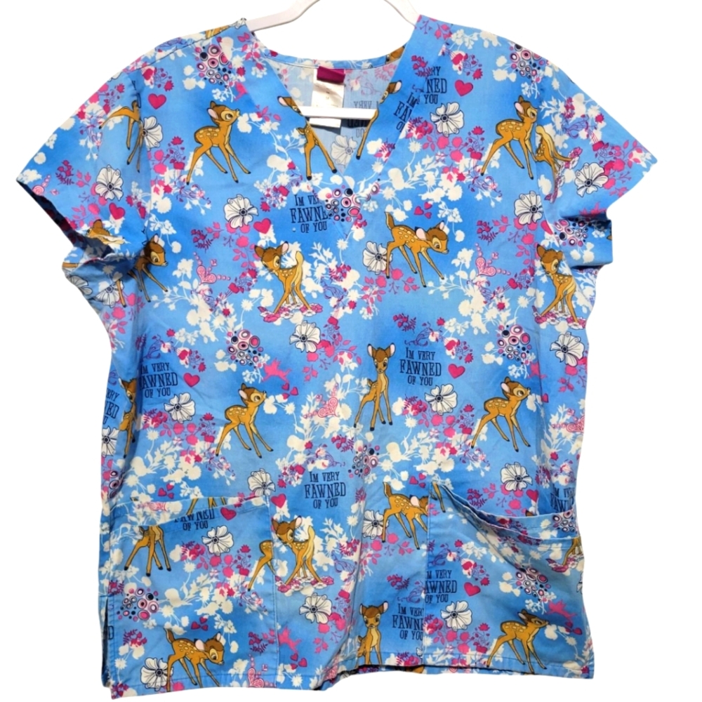 Disney Bambi Blue Floral Scrub Top Medium